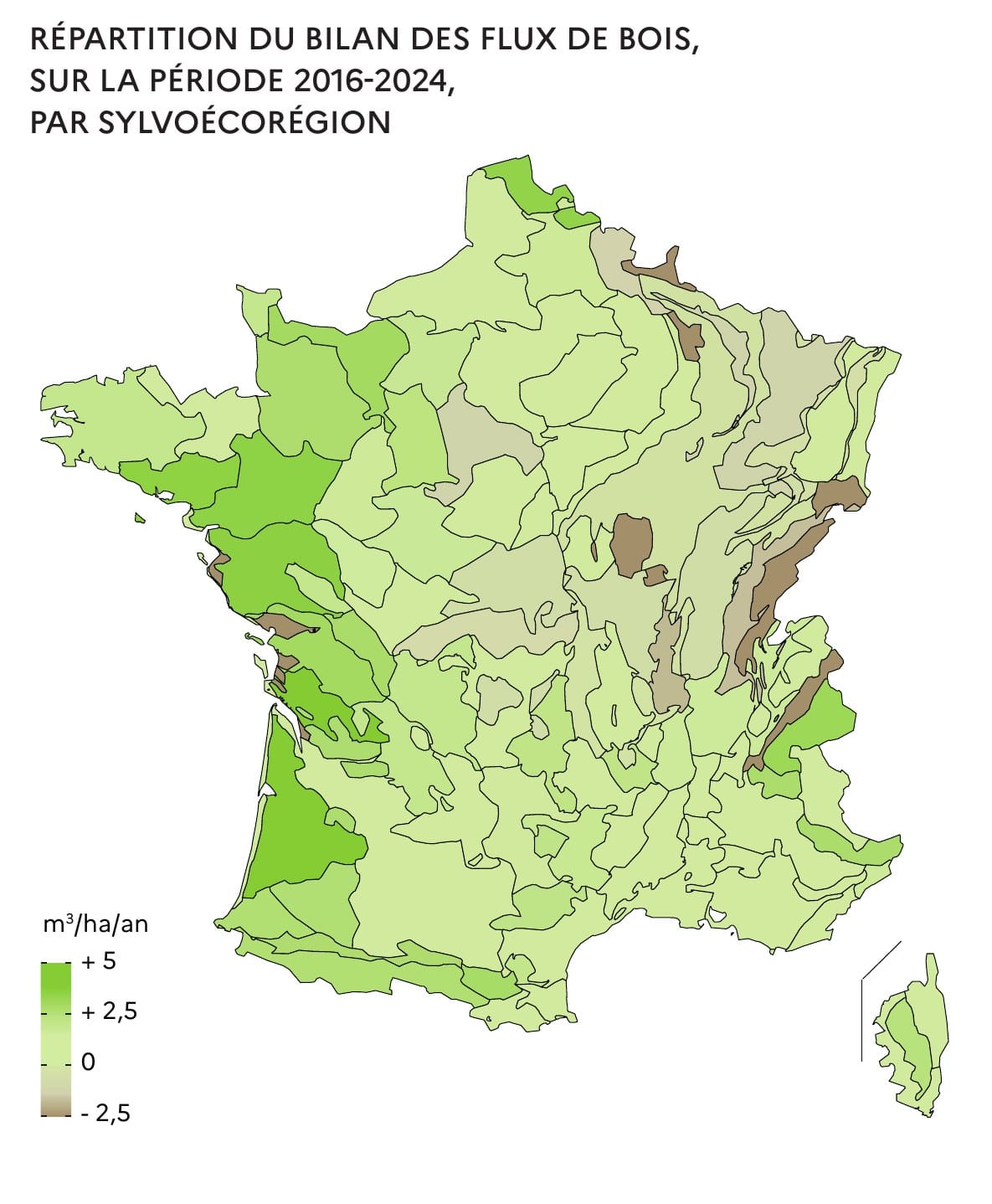 Carte IGN du bilan des flux de bois par sylvoécorégion sur 2016-2024 : le Nord-Est et le Jura en négatif, les Landes et l'Ouest en forte hausse