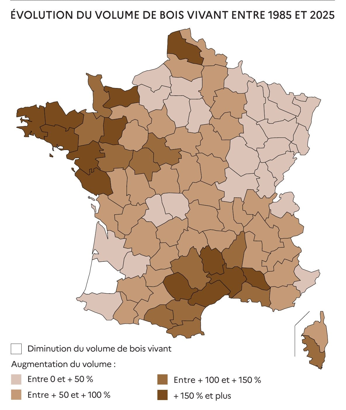 Carte IGN de l'évolution du volume de bois vivant par département entre 1985 et 2025, inventaire forestier national 2026