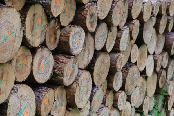 Grumes de bois empilées en bord de route forestière après une coupe