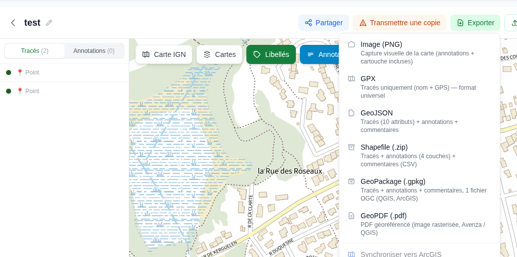 Menu Exporter de la webapp : PNG, GPX, GeoJSON, Shapefile, GeoPackage, GeoPDF